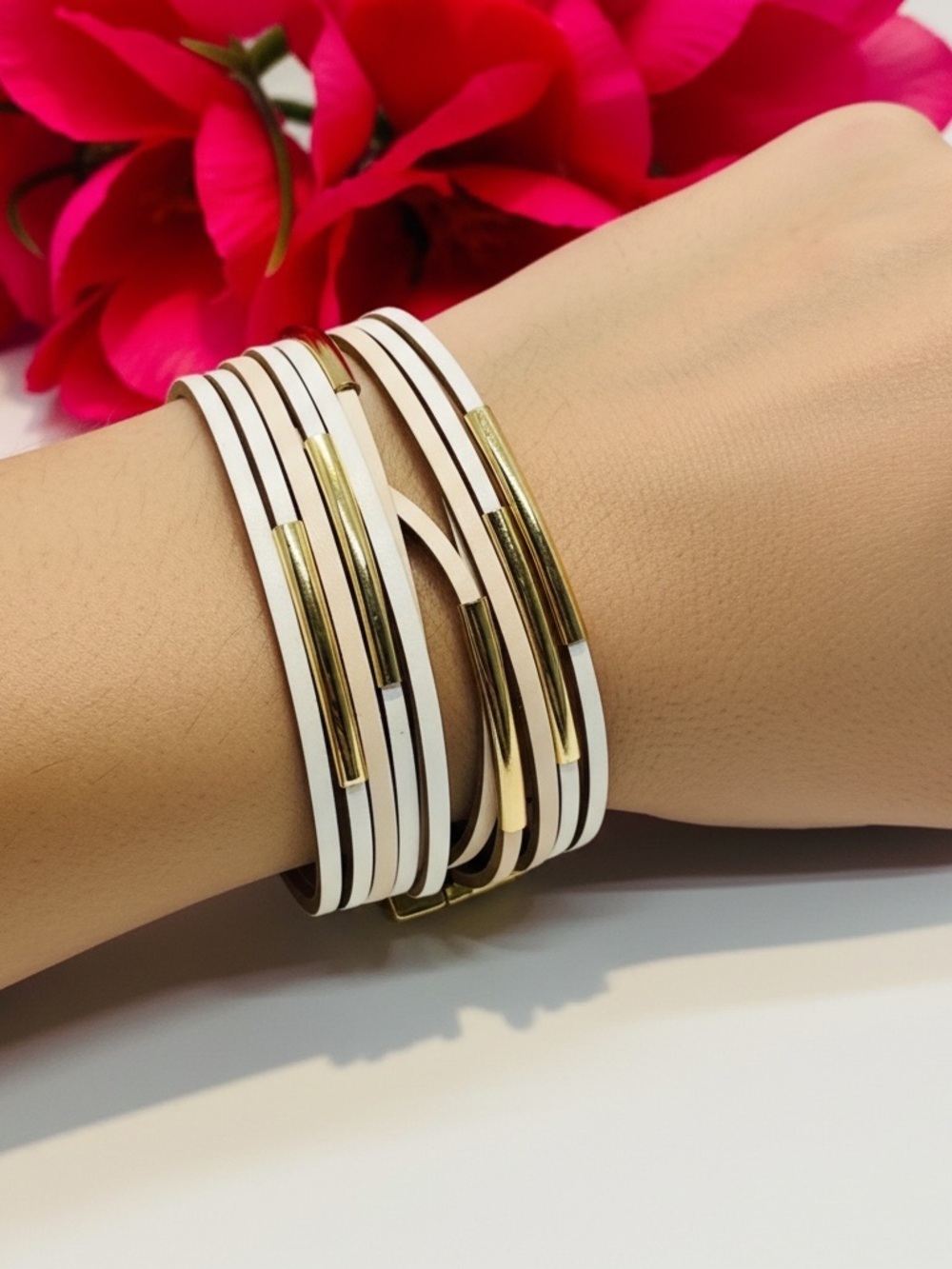 White and Rose Gold Multi-Stripe Leather Wrap Bracelet with magnet closing